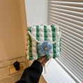 Green and white striped bubble tote bag with pearl handle and plush flower charm - Pearl Green