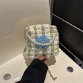 Mini pleated bubble bag in green stripes with pearl handle and plush blue flower - Pearl Yellow