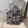 Borsa tote in tessuto con motivo geometrico etnico e grande capacità di carico - Nero