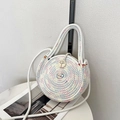 Borsa a tracolla rotonda in paglia intrecciata bianca con motivi a onde colorate - Stile con Cuciture Colorate (Stile 1 Bianco) / Stile 1 Bianco