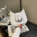 White minimalist PU leather crescent hobo shoulder bag with silver moon buckle - White