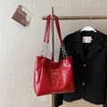 Large capacity red glossy leather tote bag with silver chain strap for women - Red