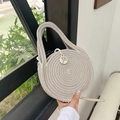Borsa a mano rotonda in paglia grigio chiaro con trama in corda e ciondolo in legno - Stile con Cuciture Colorate (Stile 1 Grigio) / Stile 1 Grigio