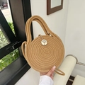 Borsa a tracolla tonda in paglia kaki con dettaglio bottone in legno motivo albero - Stile con Cuciture Colorate (Stile 1 Cachi) / Stile 1 Cachi