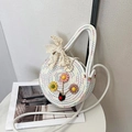 Sac bandoulière en paille blanche avec fleurs crochetées 3D et nœud en dentelle - Style 2 Blanc