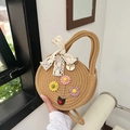Sac à main rond en paille avec broderies florales, nœud en dentelle et charme palmier - Style 2 Kaki