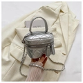 Detail of silver quilted mini box bag with flower logo and leather chain strap - Silver Small