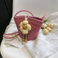 Red and white houndstooth woven bucket bag with large floral charm and pearl clasp - Style 2 Red
