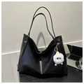 Black large capacity soft leather tote bag with a cute plush monster charm - Black With Pendant