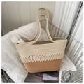 Sac fourre-tout bicolore en coton crocheté avec motif vagues en crème et kaki - Kaki Bicolore