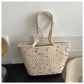 Sac fourre-tout en coton tissé beige avec pois colorés et poignées solides - Blanc Cassé avec Points Colorés