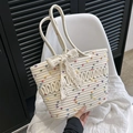 Sac fourre-tout tissé blanc cassé à pois colorés avec nœud en dentelle et anses - Style 1 Blanc Cassé Points Colorés