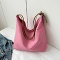 Pink oxford large capacity tote bag with brown shoulder straps for casual fashion - Rose Pink