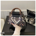 Ethnische Boho-Webtasche mit geometrischen Mustern und rundem Holzgriff - Schwarz