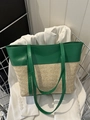 Green leather and beige straw patchwork tote bag in a metallic shopping cart - Green
