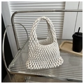 White hand-woven cotton rope bucket bag with hollow mesh design and single handle - Off White