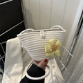 Schicke cremefarbene Baumwoll-Webtasche mit gelbem Karomuster und Blumenakzent - Weiß Mit Anhänger