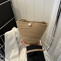 Khaki woven bucket bag featuring a white pearl button closure and slim shoulder strap - Khaki (No Pendant)