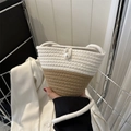 Mini two-tone woven bucket bag with pearl buckle and thick rope handle in beige and khaki - White And Khaki No Charm