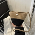 Two-tone woven bucket bag in khaki and black with an elegant pearl buckle closure - Khaki And Black No Charm