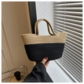 Borsa tote in paglia intrecciata bicolore beige e nero con doppi manici a mano - Stile di base / Cachi & Nero