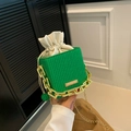 Green woven bucket bag with gold chain strap and white drawstring lining - Green