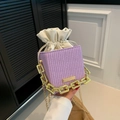 Purple woven square handbag with drawstring inner bag and gold chain handle crossbody strap - Purple
