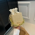 Beige woven straw box bucket bag with white drawstring liner and gold chain handle - Khaki