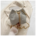 Chic woven drawstring bucket bag with gold chain strap and pearl accents in grey texture - Gray