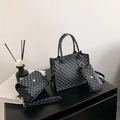 Three-piece black handbag set with blue geometric pattern including tote and crossbody bag - Black