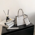 Three-piece set of black and white geometric print handbags in lychee pattern leather - White