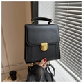 Detail of a vintage black PU leather handbag featuring a golden rectangular metal clasp lock - No Pendant / Black