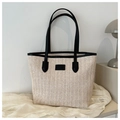 Grand sac cabas en paille crème avec anses en cuir noir et motif à chevrons - Noir