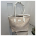 Grand sac cabas en paille beige avec bordure en similicuir blanc et anses - Blanc