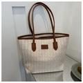 Grand sac cabas en paille crème avec poignées en cuir marron et patch pour l'été - Marron