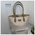 Sac fourre-tout en paille crème avec bordure en cuir kaki et texture à chevrons - Kaki