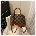 Sac bandoulière rétro forme coquillage en toile sombre avec motifs géométriques et cuir - Marron