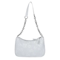 White pleated baguette bag with floral embroidery and silver chain shoulder strap - Style 1 White