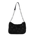 Black floral textured hobo bag with elegant metal chain strap and top zipper closure - Style 1 Black