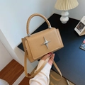 Chic camel faux leather square bag with silver star and woven handle detail - Khaki