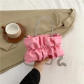 Pink ruched cloud bag featuring sparkling rhinestone handles and a silver chain strap - Pink