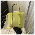 Neon green woven tote bag with vertical stripes, synthetic leather handles and gold hardware - Green