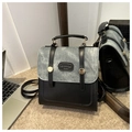 Mini preppy style backpack in black PU leather and blue denim patchwork with gold buckles - Black
