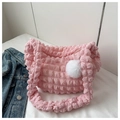 Detailed texture of pink pleated bubble fabric handbag with soft white plush pendant - With Pendant / Pink