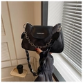 Black quilted faux leather shoulder bag with silver chain and wide strap detail - Black