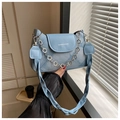 Light blue denim shoulder bag with silver floral chain and leather strap details - Blue
