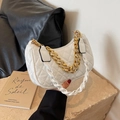 White quilted hobo bag with elegant gold chain strap and stylish half-moon design - Off White