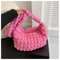 Close-up of pink ruched puffy fabric texture on a crescent shoulder bag with zipper - No Pendant / Rose Pink