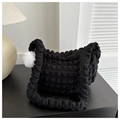 Chic black bubble texture shoulder bag with white plush ball charm and zipper closure - With Pendant / Black