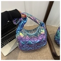 Iridescent quilted puffer shoulder bag with a metallic finish and padded handle - Multicolor